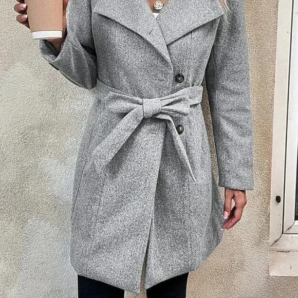 Grey Casual Womens Waterfall Collar Belted Overcoat - Picture 5 of 5